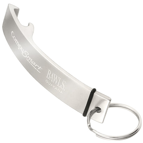 Silver colored Designer Logo bottle opener keychain with custom engraved text