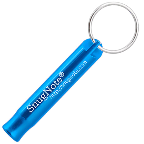 Example of a brilliant blue Aluminum Bobby Safety Whistle showing custom engraving. Engraving is a silvery white color. 