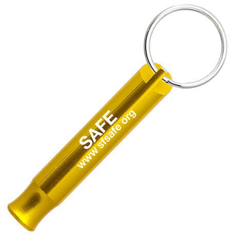 Example of a gold Aluminum Bobby Safety Whistle showing custom engraving. Engraving is a silvery white color. 