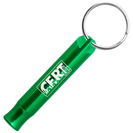Example of a green Aluminum Bobby Safety Whistle showing custom engraving. Engraving is a silvery white color. 