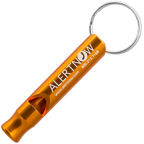 Example of an orange Aluminum Bobby Safety Whistle showing custom engraving. Engraving is a silvery white color. 