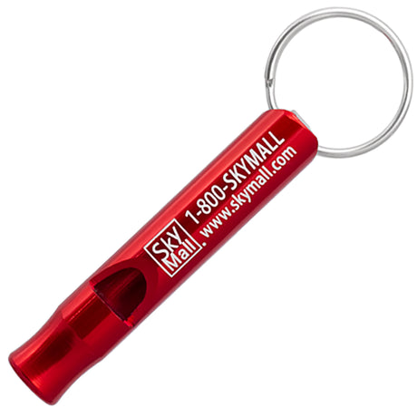 Example of a red Aluminum Bobby Safety Whistle showing custom engraving. Engraving is a silvery white color. 