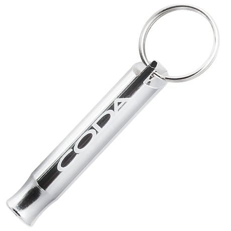 Example of a silver Aluminum Bobby Safety Whistle showing custom engraving. Engraving is a silvery white color. 