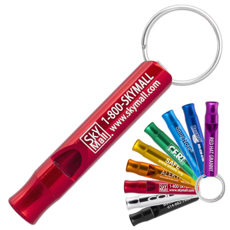 Red safety whistle on a key ring. On the top of the whistle is a customized engraving. Shown smaller in the lower right are additional color variations of the whistle.