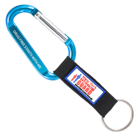 Brilliant blue colored carabiner with a custom PVC label strap