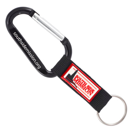 Black colored carabiner with a custom PVC label strap