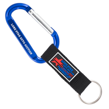 Blue colored carabiner with a custom PVC label strap