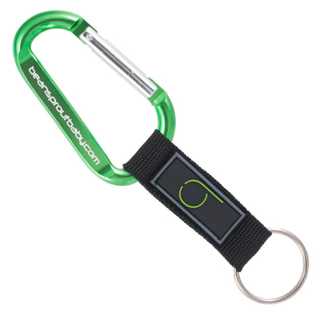 Green colored carabiner with a custom PVC label strap