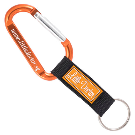 Orange colored carabiner with a custom PVC label strap