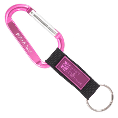 Pink colored carabiner with a custom PVC label strap