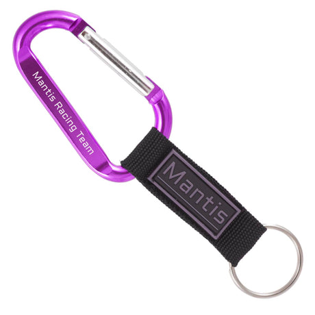 Purple colored carabiner with a custom PVC label strap