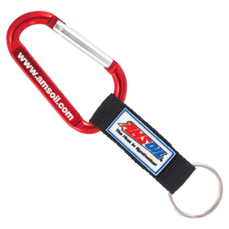 Red colored carabiner with a custom PVC label strap