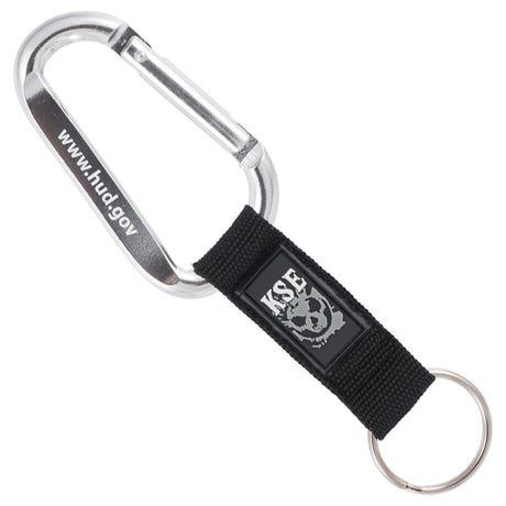 Silver colored carabiner with a custom PVC label strap