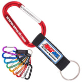 Red carabiner with black strap featuring a logo and text in PVC, surrounded by additional colorful carabiners on a white background.