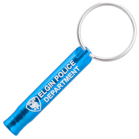 Example of Caribbean blue colored Mini Bobby Style Engraved Safety Whistles showing custom engraving. 