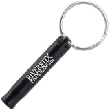 Example of black Mini Bobby Style Engraved Safety Whistles showing custom engraving. 