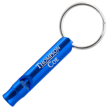 Example of blue Mini Bobby Style Engraved Safety Whistles showing custom engraving. 