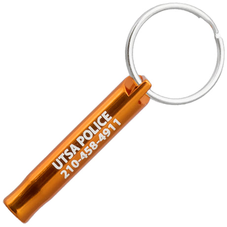 Example of orange Mini Bobby Style Engraved Safety Whistles showing custom engraving. 