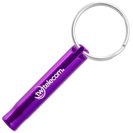 Example of purple Mini Bobby Style Engraved Safety Whistles showing custom engraving. 