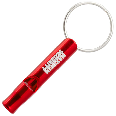 Example of red Mini Bobby Style Engraved Safety Whistles showing custom engraving. 