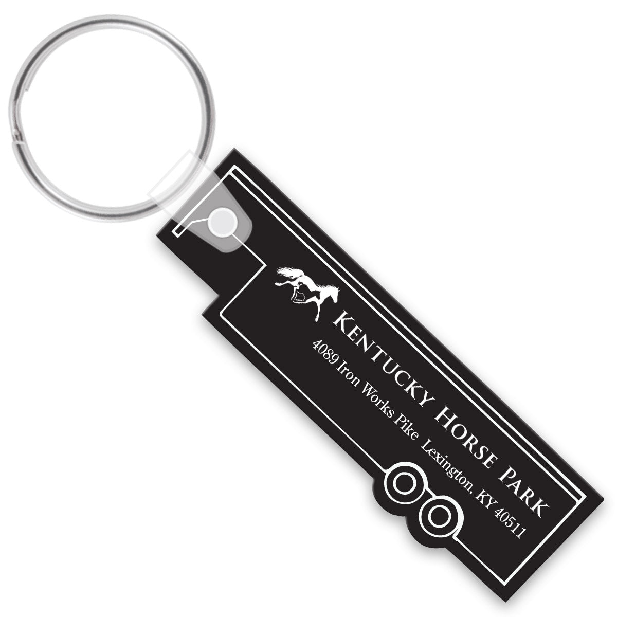 Black trailer shaped keychain with white text and horse design on a white background