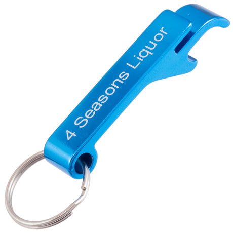 Brilliant blue Flip Top bottle opener keychain with customized engraving