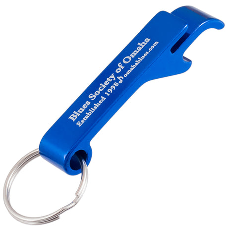 Blue Flip Top bottle opener keychain with customized engraving