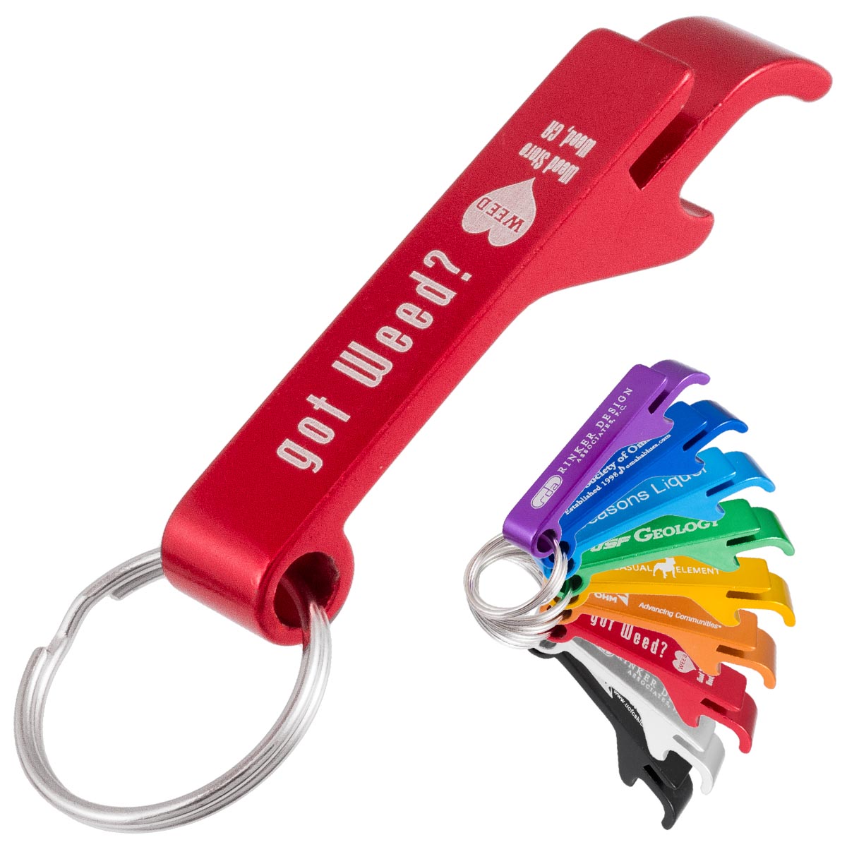 Red bottle opener and flip tab can opener keychain with a customized engraving on the top. In the bottom right section of the image are additional color variations of the opener.
