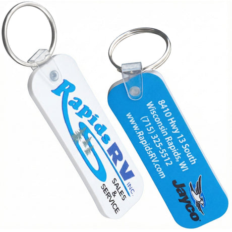 Front and back sides of a long rectangle keychain with a full color imprint