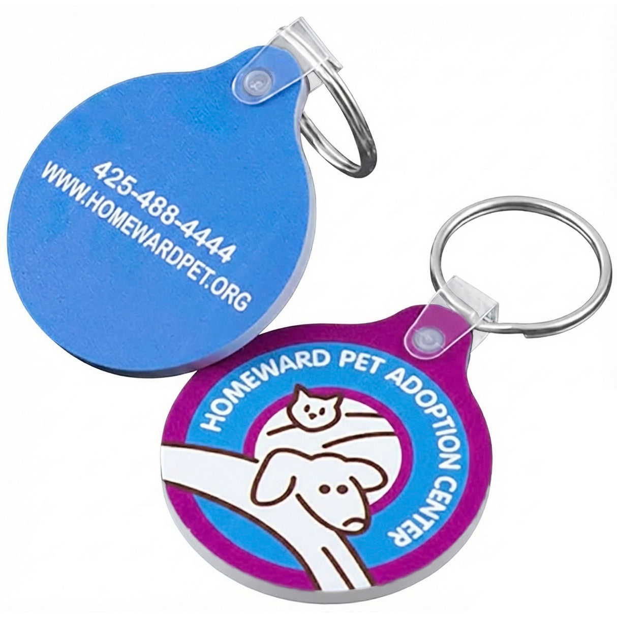 Front and back side of a round circle with tab keychain featuring a full color imprint on both sides