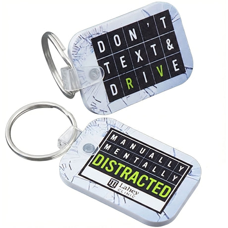 Front and back sides of a rectangle keychain with a full color imprint