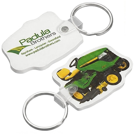 Front and back side of a custom shaped vinyl keychain showing a full color imprint