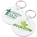 Two round circle keychains each with a custom full color imprint