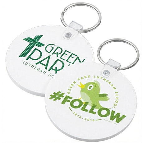 Two round circle keychains each with a custom full color imprint