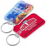Two rounded rectangle keychains each with a custom full color imprint