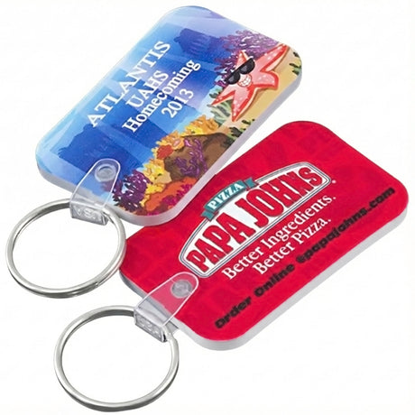 Two rounded rectangle keychains each with a custom full color imprint