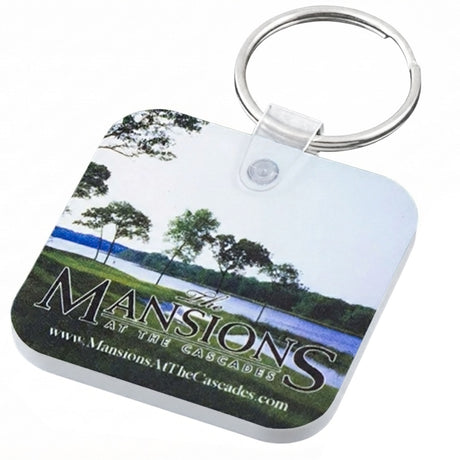 Square keychain with rounded corners featuring a full color custom imprint