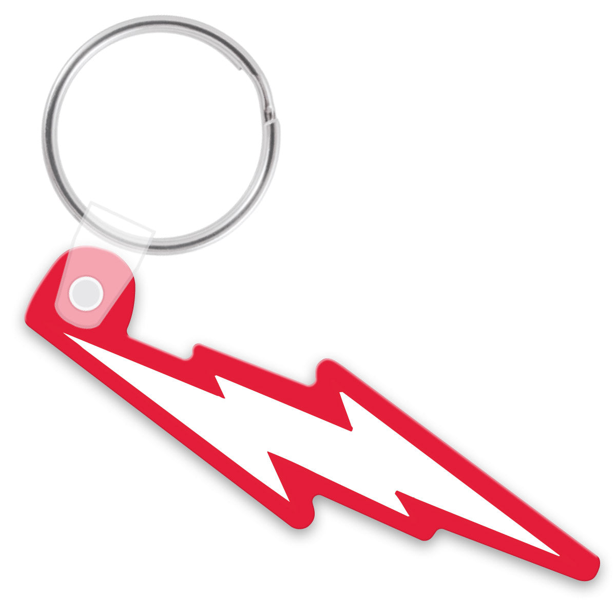 Red lightning bolt keychain on a white background