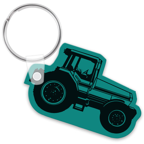 Teal colored keychain with a tractor design