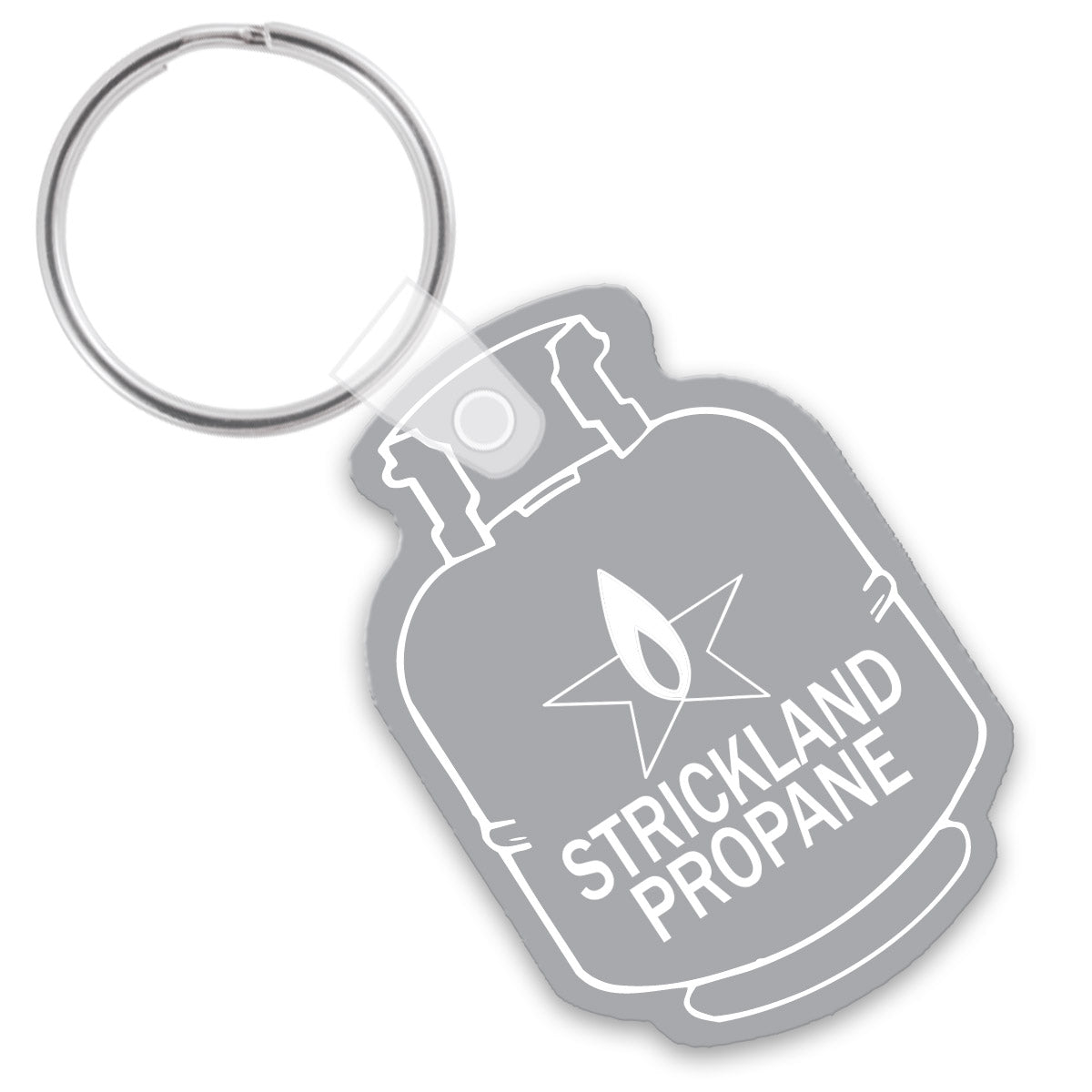 Gray propane tank shaped keychain with a custom imprint logo in white