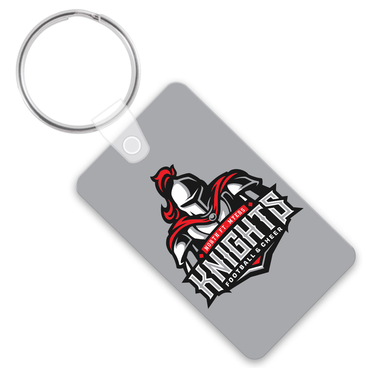 Gray rectangle keychain with a custom imprint depicting a Knights mascot