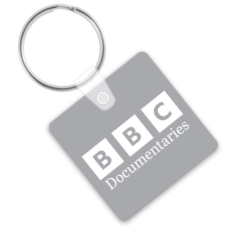 Gray square keychain with white logo imprint