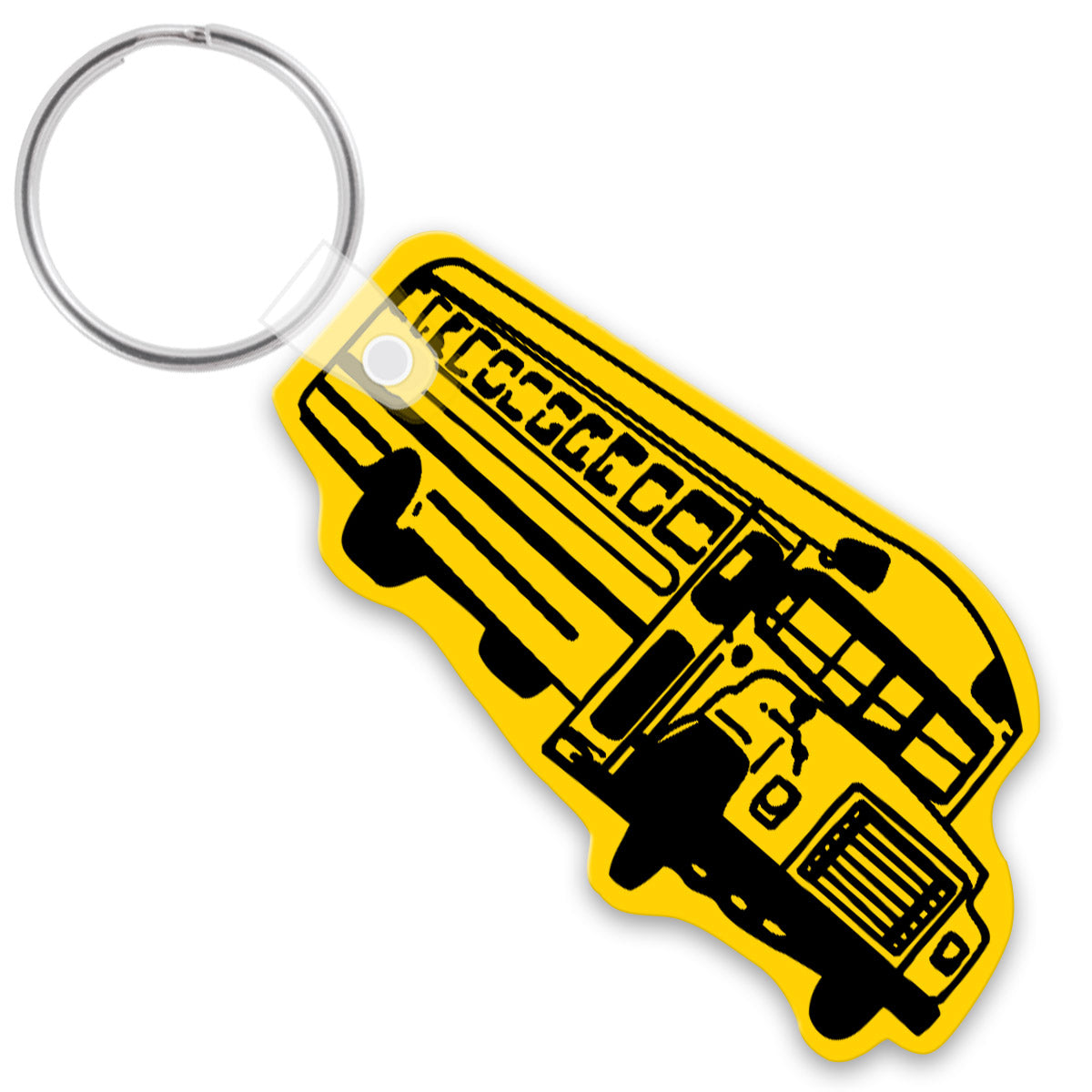 Yellow keychain with black school bus design on a white background