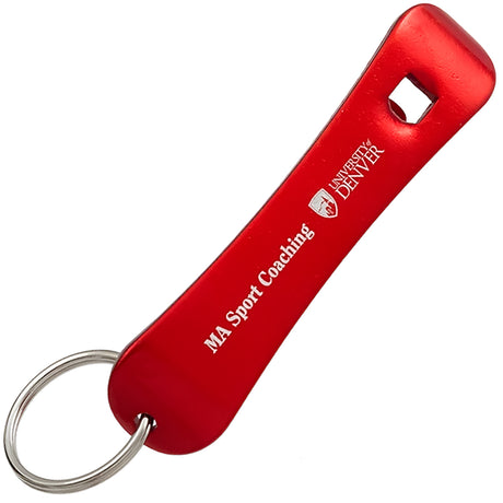 Red colored bottle opener keychain shaped like a snowboard with a customized engraving on the bottom