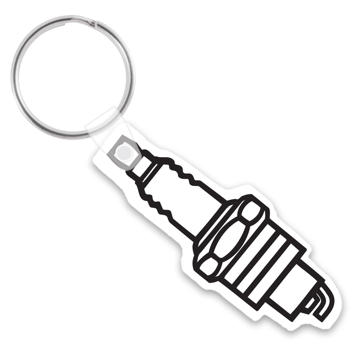 White keychain shaped like a spark plug with a black imprint depicting the spark plug