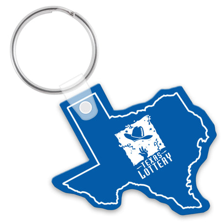 Blue Texas-shaped keychain with Texas Lottery logo on a white background