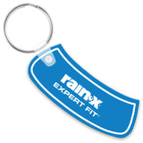 Blue windshield shaped keychain with a white printed logo