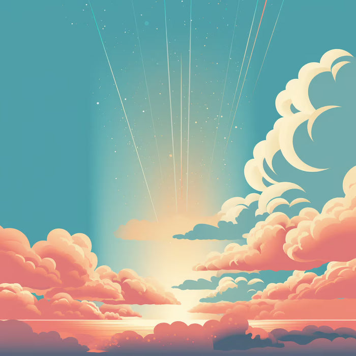 Surreal sky with clouds and radiant light beams, symbolizing inclusivity and accessibility.