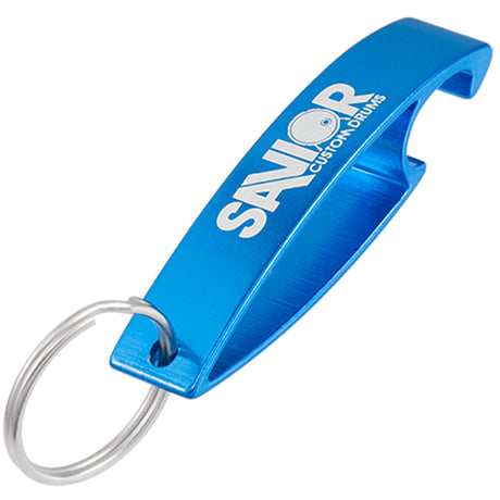 Example of aqua Aluma Keychain Bottle Opener showing a custom engraving of a logo. 
