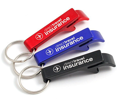 Example of red, royal blue and black FlipTop Bottle Opener Keychains. Each with a custom silvery white engraving.